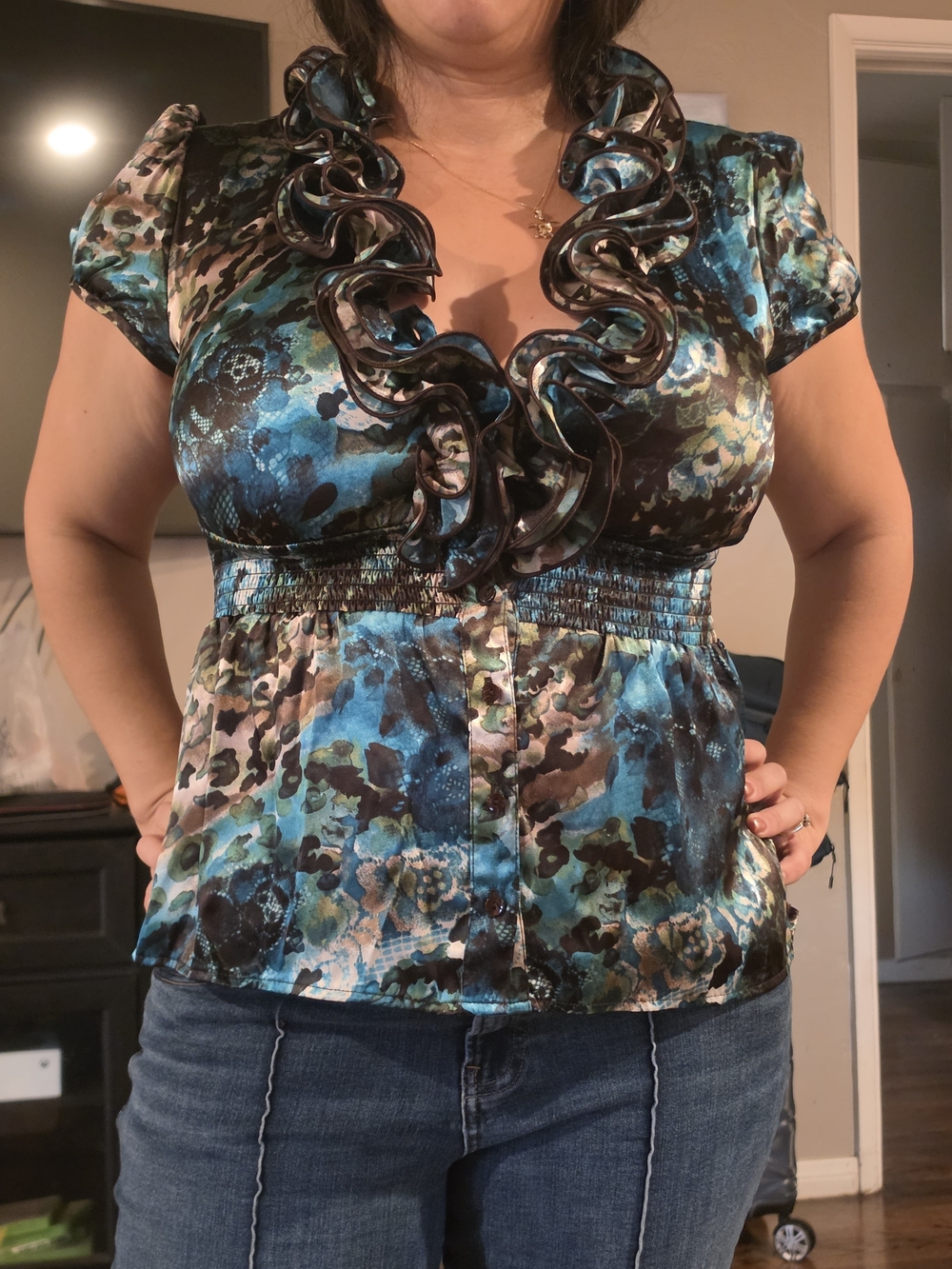 Y2k I.N. San Francisco Teal and Black Floral Ruffle Satin Blouse